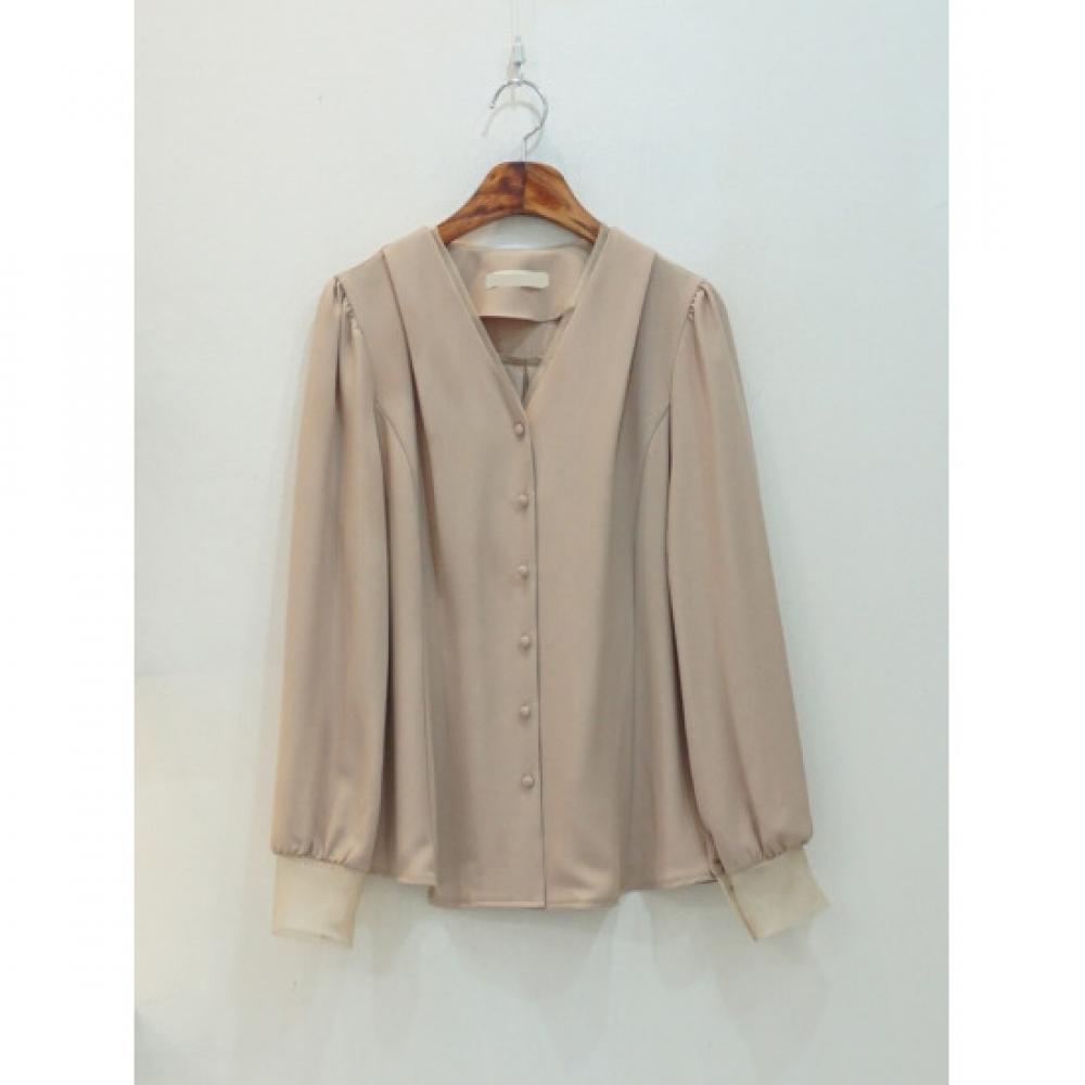 Style Latte Women Chiffon Blouse Organza Trimming V Neck