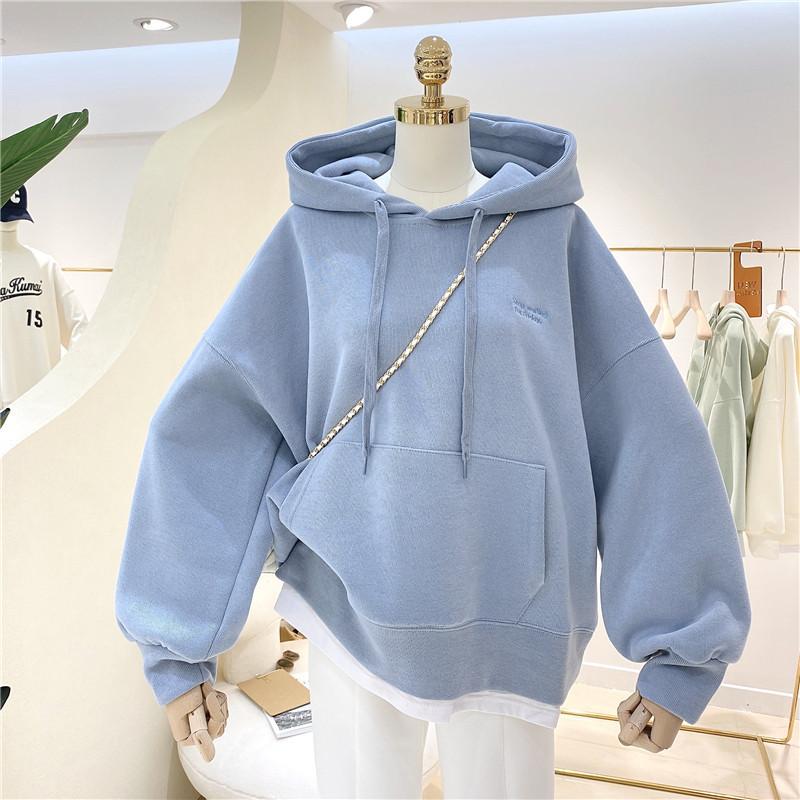 Sweater women's fleece and thicker, autumn and winter splicing fake two-piece embroidered loose hooded jacket