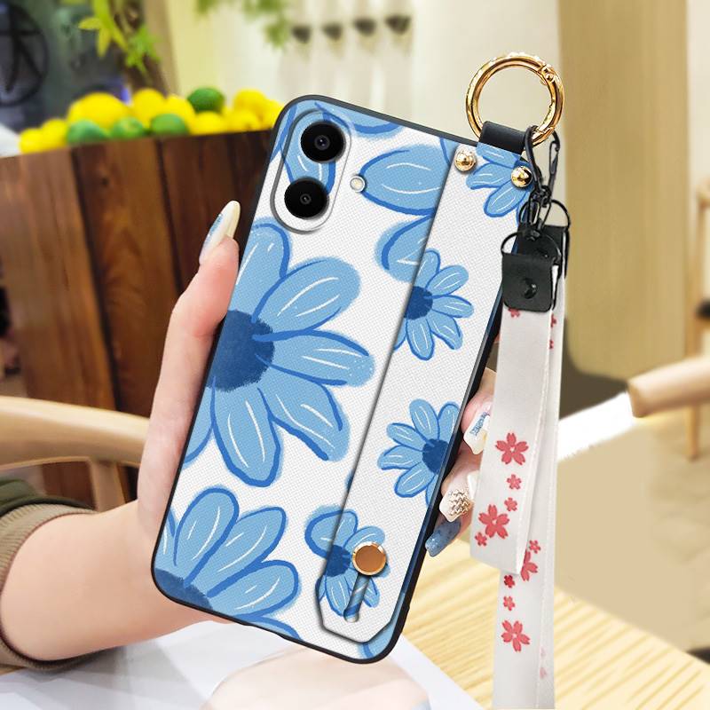 Durable Back Cover Phone Case For Samsung Galaxy A07 Flower Silicone Anti-knock Wrist Strap Shockproof Lanyard Anti-dust