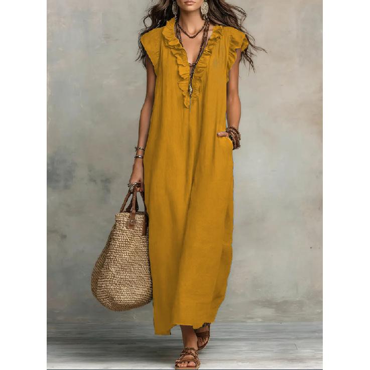 2026 Spring/Summer New Bohemian Style Long Dress for Women with Flutter Sleeves, Casual Solid Color Long Dress