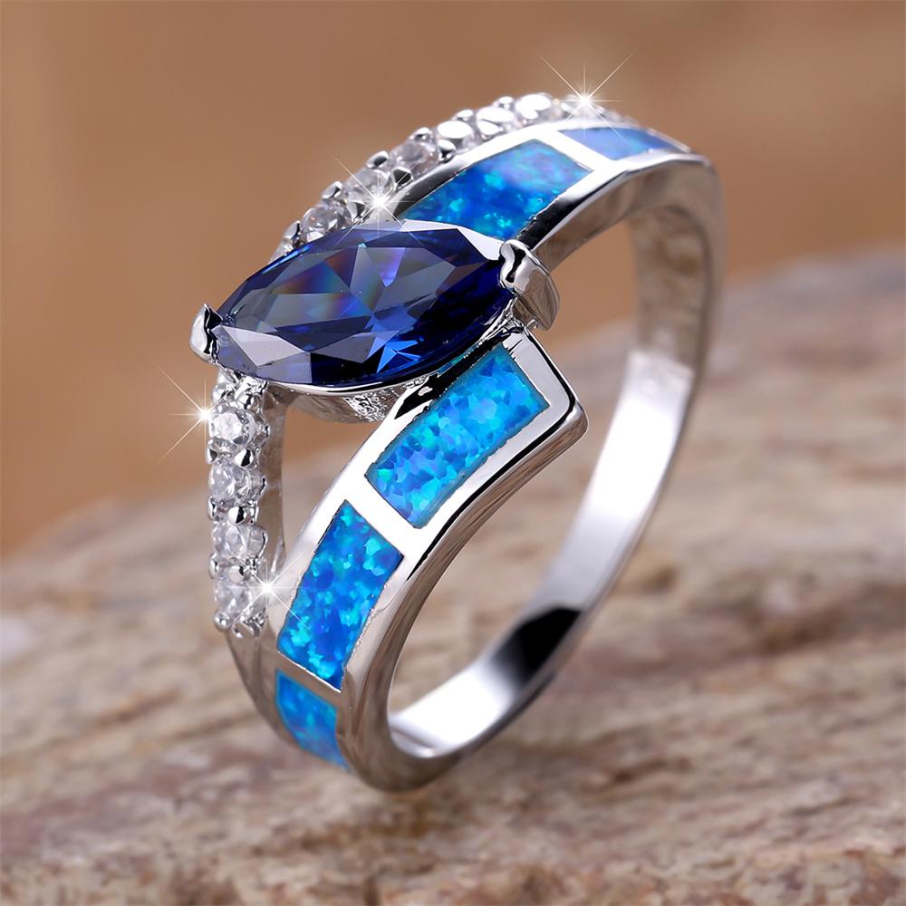 Blue Opal Geometric Crystal Marquise Stone Rings For Women Vintage CopperColor Wedding Band Engagement Jewelry Birthday Gifts