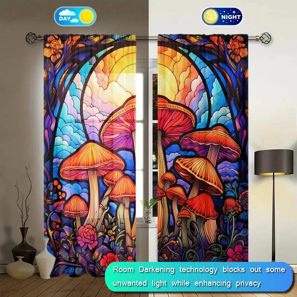 2pcs Colored Glass Mushroom Printed Curtain for Home Decor - Rod Pocket Window Treatment for Bedroom,Office,Kitchen, Living Room
