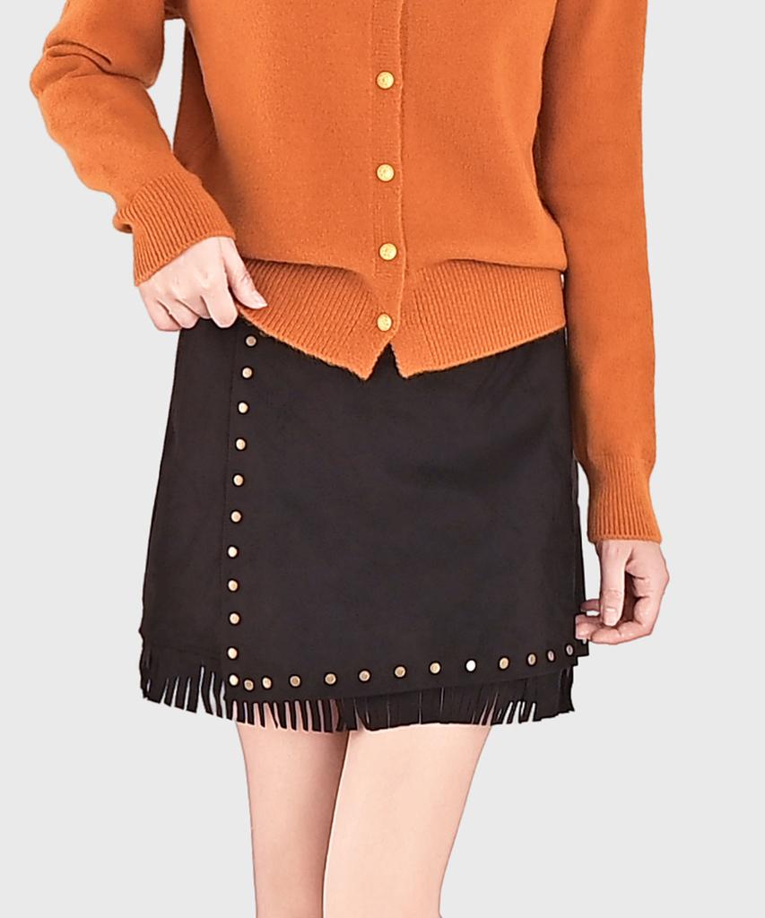 Keulleiseu Suede Fringe Mini Skirt_Camel