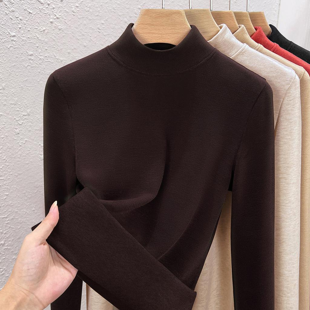 Autumn and winter women's clothing containing wool and silk bottoming shirt women's inner heating fleece warm turtleneck top with fleece and thicker