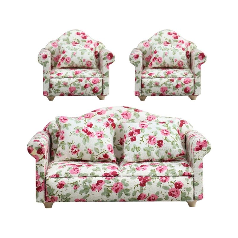 

Living Room Sofa Set 1/12 Scale Wooden Base Cloth Covered Mini Furniture for Doll House Accessories and Collectibles 1