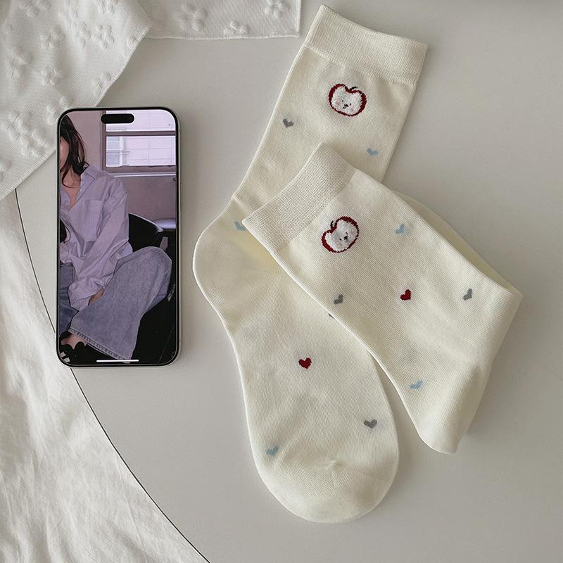 Cute Plush Female Cartoon Puppy Socks, Mid-calf Socks, Autumn Rolled-up Striped Pile Socks