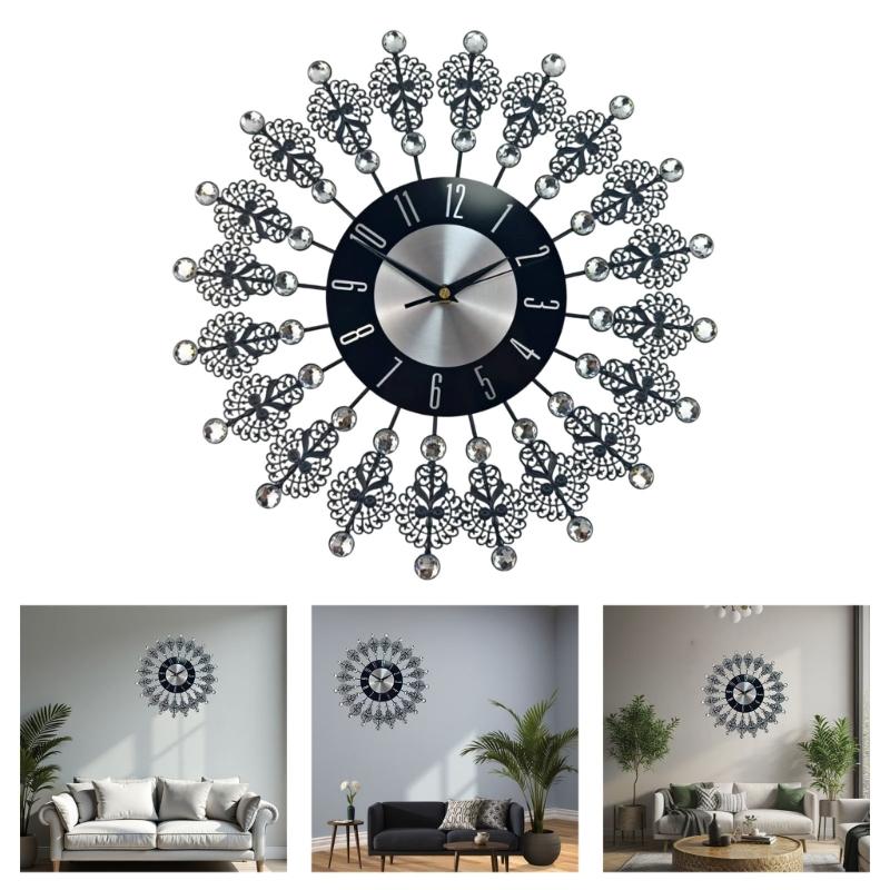 Crystal Leaves Wall Clock None-Ticking Silents Battery Operated Clocks Decorative Wall Clocks for Living Room Decors
