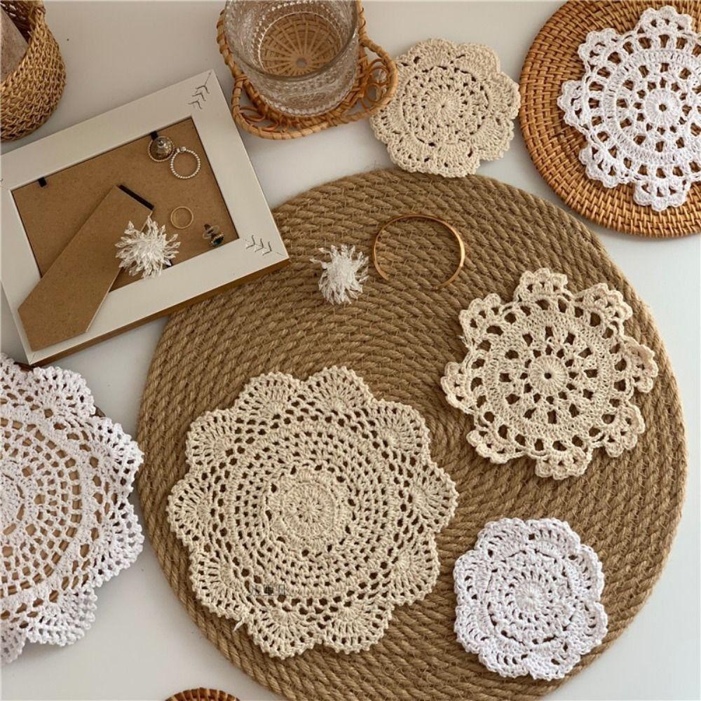 2/4Pcs Bohemian Lace Floral Coasters Vintage Round Woven Placemats Drink Coasters Coffee Table