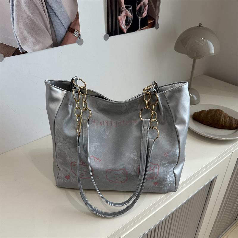 

Персонализированная сумка-тоут большой вместимости для отдыха, работы, поездок, женская, с принтом медведя, универсальная, модный трендовый дизайн, на плечо серебряный