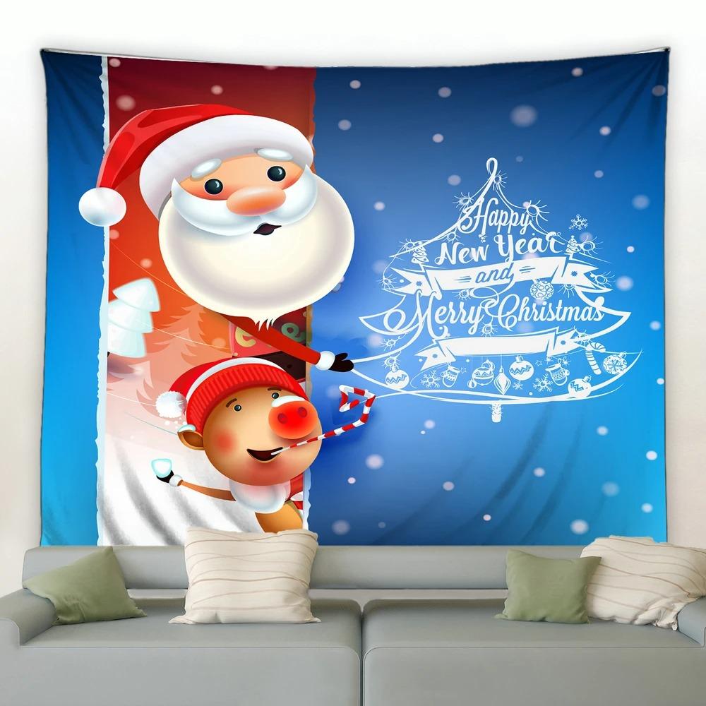 Cartoon Santa Claus Pattern Tapestry Home Bedroom Living Room Wall Decoration Christmas Theme Tapestry