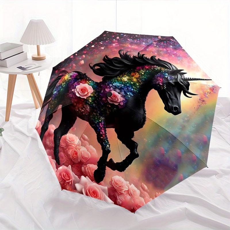 Unicorn, Floral Theme 8 Bone Hand Automatic Folding Fashion Umbrella, Compact and Portable Design, A Perfect Gift for Birthday, Christmas or