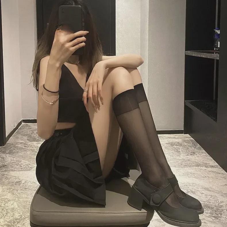 Șosete de vară ultra-subțiri, la modă JK, pentru femei, respirabile, până la genunchi, ciorapi negri