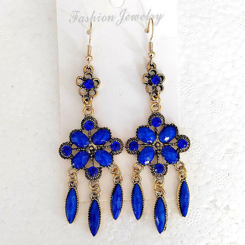 Sapphire Blue Rhombus Rhinestone Tassel Earrings