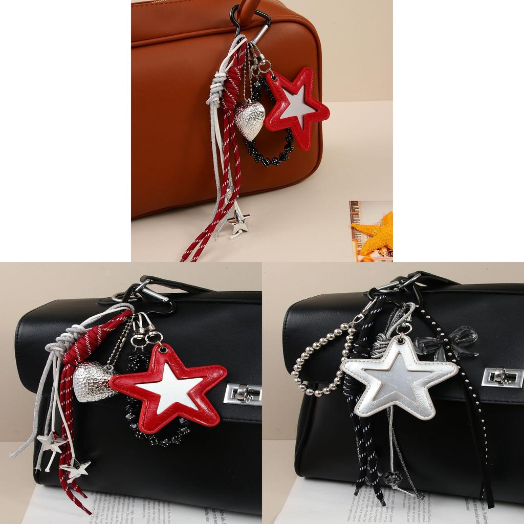 Sweet Cool Star Pattern Makeup Mirror With Beaded Butterfly Pendant For Fashionable Handbags