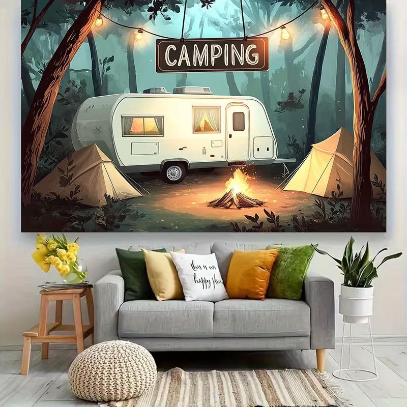 2D Summer Camp Backdrop, Retro RV Camper & String Lights Party Banner