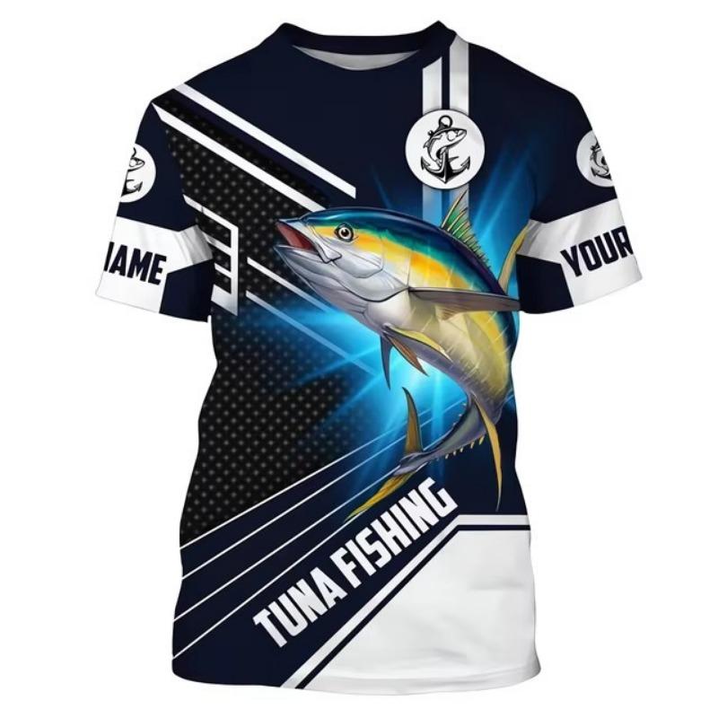 Fish Print Men's Outdoor Fishing Suit Casual Round Neck T-shirt Harajuku Short Sleeved Shirt