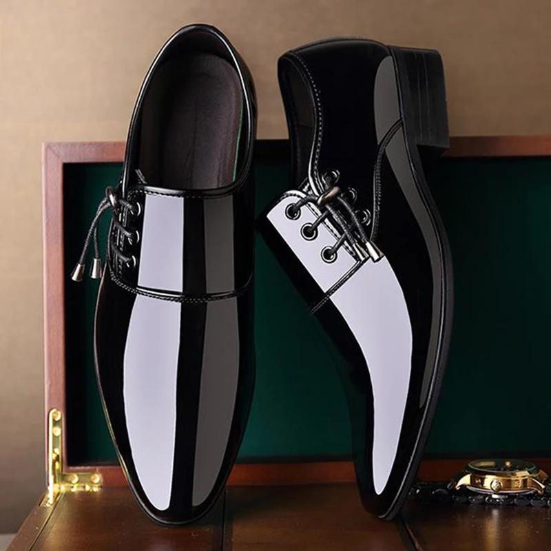 Fashion Men Pointed Toe Leather Shoes Men's Business Formal Shoes Men's Bright Casual Shoes   Plus Size 38-48