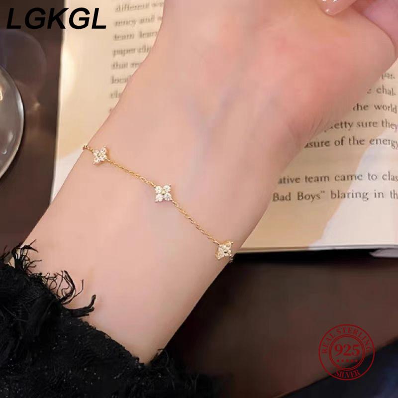 

LGKGL S925 silver plated 18-karat gold four-leaf clover Full Star bracelet Simple zircon silver women s commute 18cm золотой