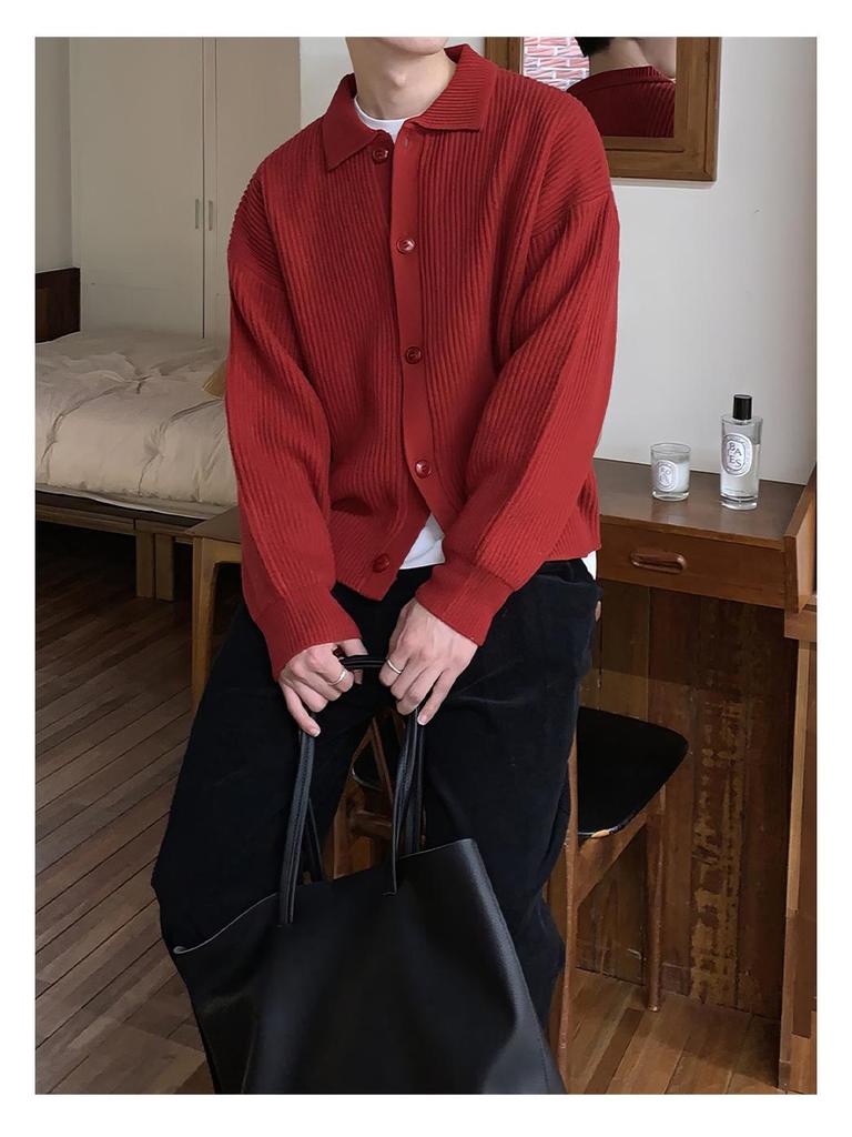 Men's Korean Style Bright Red Knit Cardigan - Autumn/Winter, Year of the Rabbit Edition, with Lapel and Solid Color Design.