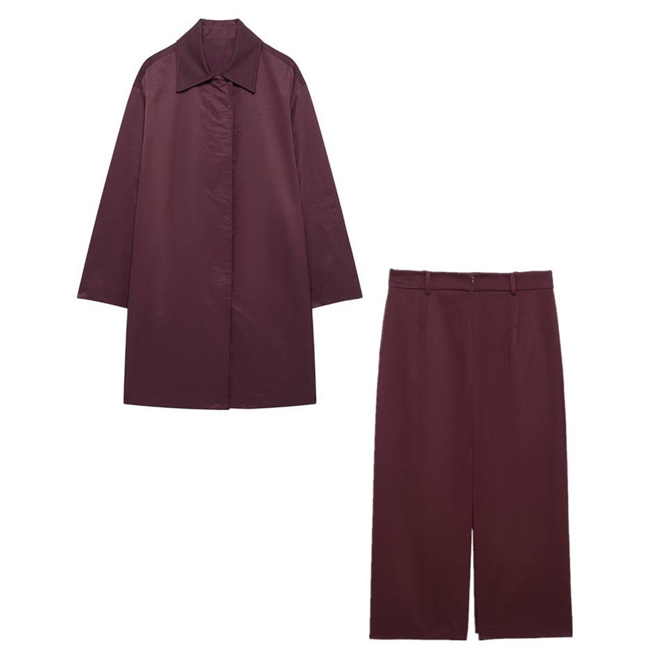 

Women s Spring 2025 Turn-Down Collar Trench Coat and Split Midi Skirt Set M
