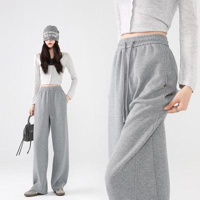 Women's American Style Gray Wide-Leg High-Waisted Slimming Sweatpants - Spring Thickened Plus Velvet Petite Fit