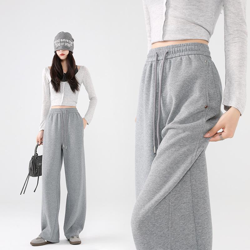 Pantalones de chándal grises de pierna ancha de cintura alta adelgazantes estilo americano para mujer - Primavera Engrosados con Felpa Ajuste Petite