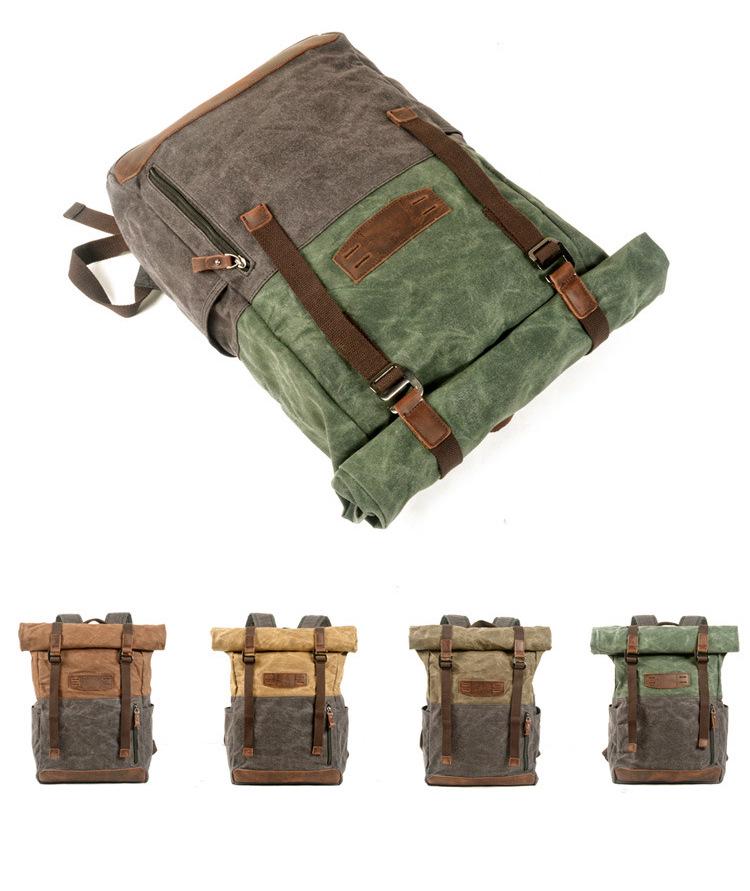 Retro European & American Color Block Canvas Backpack - Oil Wax Finish for Outdoor Hiking, Travel, Mountaineering, School, or Students
