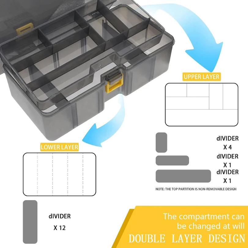 Fishing Gear Storage Box Plastic Gray Multifunctional Double-Layer Bait Box Ten Compartments Easy Assembly Fishing Bait Tool Box