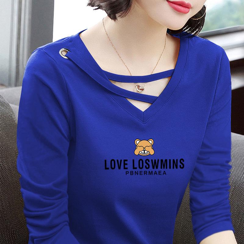 2025 Spring & Autumn Pure Cotton V-Neck Printed Long Sleeve Plus Size T-Shirt for Middle-Aged Women, Age-Reducing & Slimming Design.