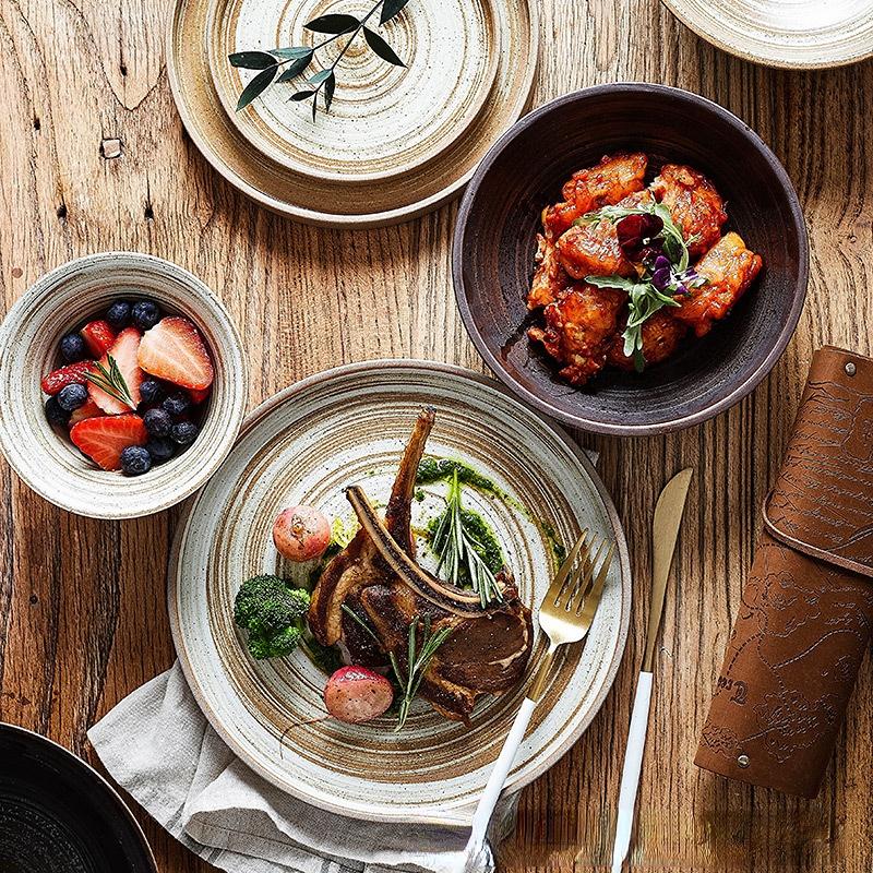 Japanese Ceramic Dishes Creative Retro Coarse Pottery Eating Bowl Dish Hand-made Plate Household Fish Plate Steak Plate
