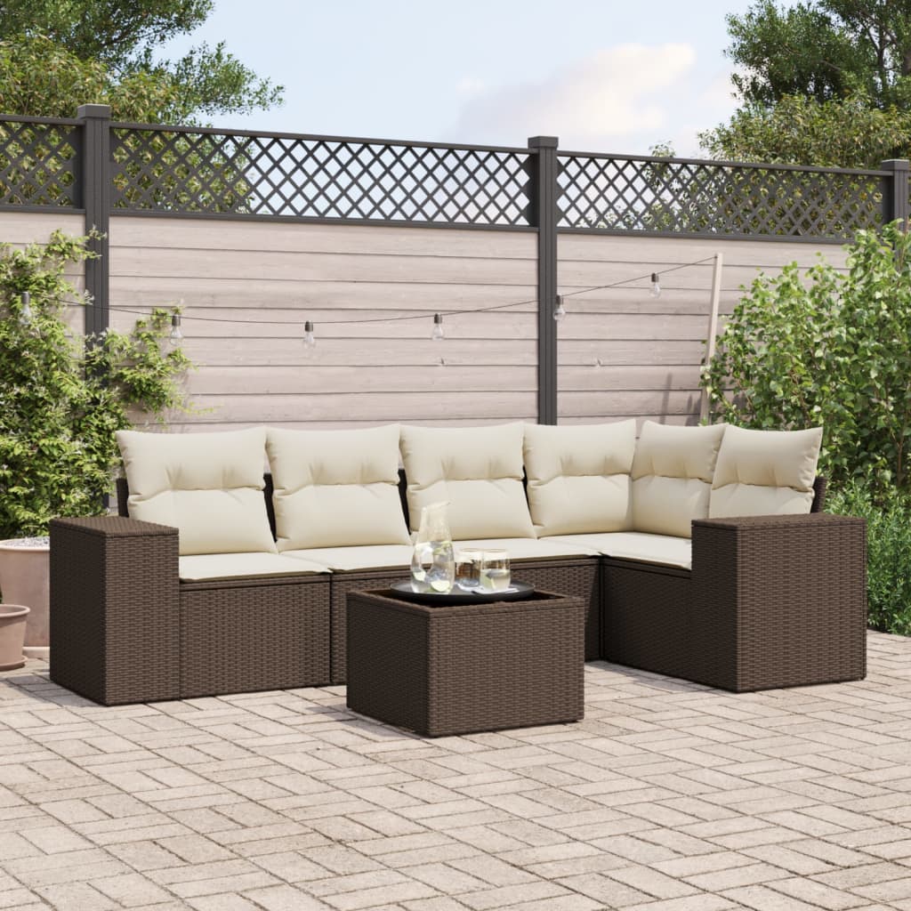 6 Piece Garden Sofa Set with Cushions Brown Poly Rattan