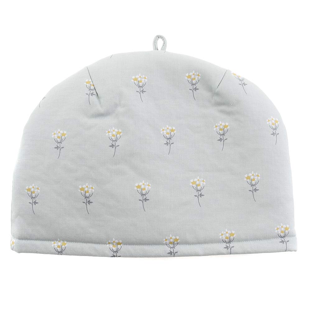 Stylish Scandinavian-style tea cozyteapot cover in grayish green with floral accents. Crafted by artisans Sachiko and Akiko Kawashima. Made in Japan