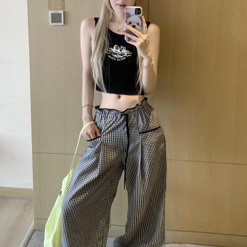 Color - Block Black White Plaid High Waist Slim Straight Wide Leg Long Casual Pants for Women Summer