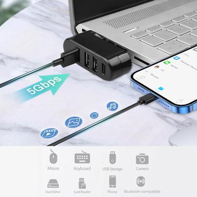 4-Port USB 3 Transfer Speed Universal Hub 5Gbps Plug-and-Play 180-Degree Degree Rotatable USB