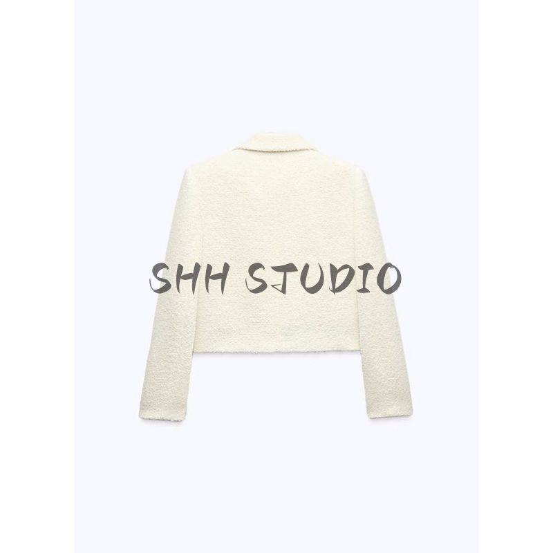 Spring New Women clothes Graceful Bead Leather Woolen Simple Modern Fashion Lapel Short coat 2133104