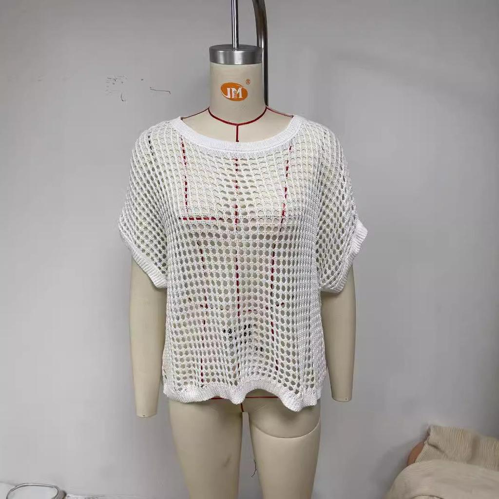 2025 Summer Women's Five-Sleeve Sexy Cutout Knit Beach Cover-Up Sweater