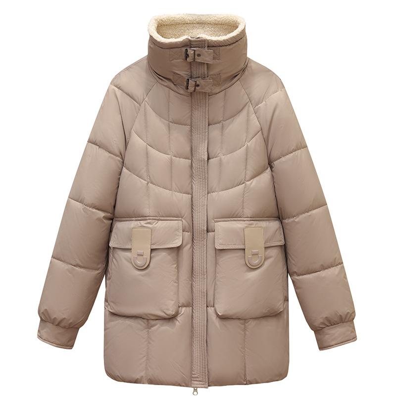 Dámské středně dlouhé péřové oblečení s klopovým límcem z jehněčí vlny, módní zateplená zimní bunda s velkou kapsou, volného střihu