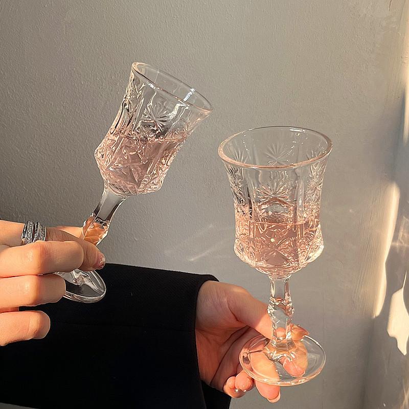 Ins Cute Glass Cup Transparent Trumpet Shape Highball Large Opening Simple Red Wine Glass Embossed Champagne Cold Drink Cup