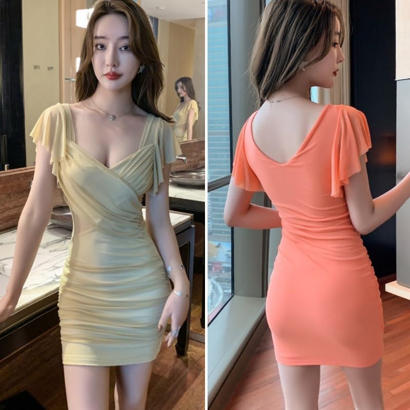 ISLAYCAOLILA Tilda E69 Lake Tight Mini Flared Cabaret Mini Club Party Dress Women's Dress, (L, Blue), Dress, See-through Sweater, Sleeves, Waist-Sewn,