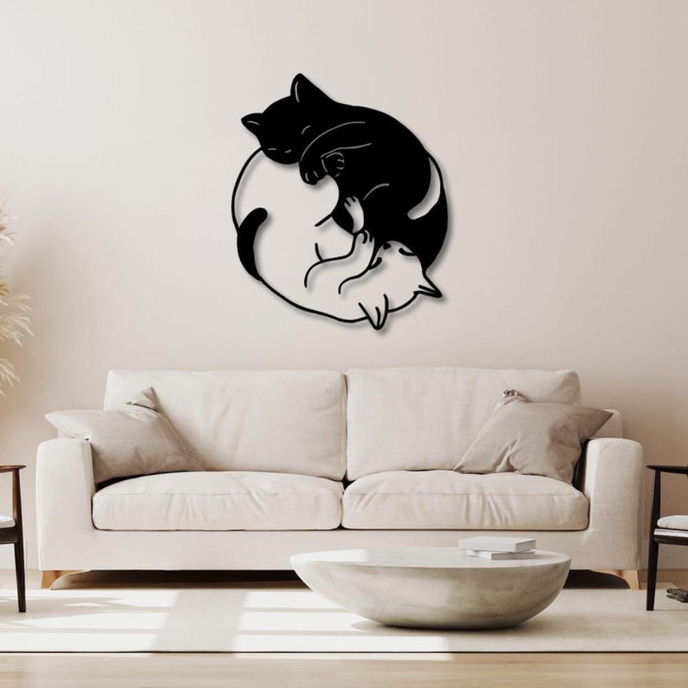 Black Metal Yin Yang Cat Wall Art, Minimalist Animal Decor, Gift for Cat Lovers