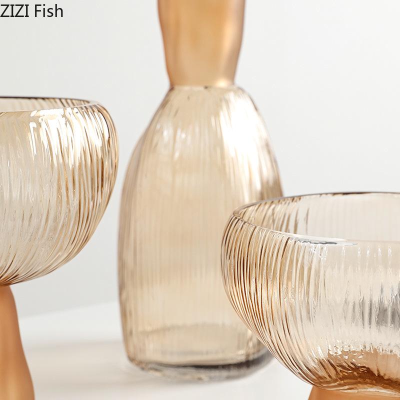 Gilded Transparent Glass Vase Wrinkled Texture Flower Pot Table Decoration Flowers Arrangement Floral Vases Room Aesthetic Decor