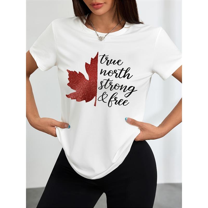 Plus Size - Plus Size - Fashionable T-Shirt, Fine Glitter Maple Leaf, Slogan Print, Casual, Easy, Canada Day 2XL белый