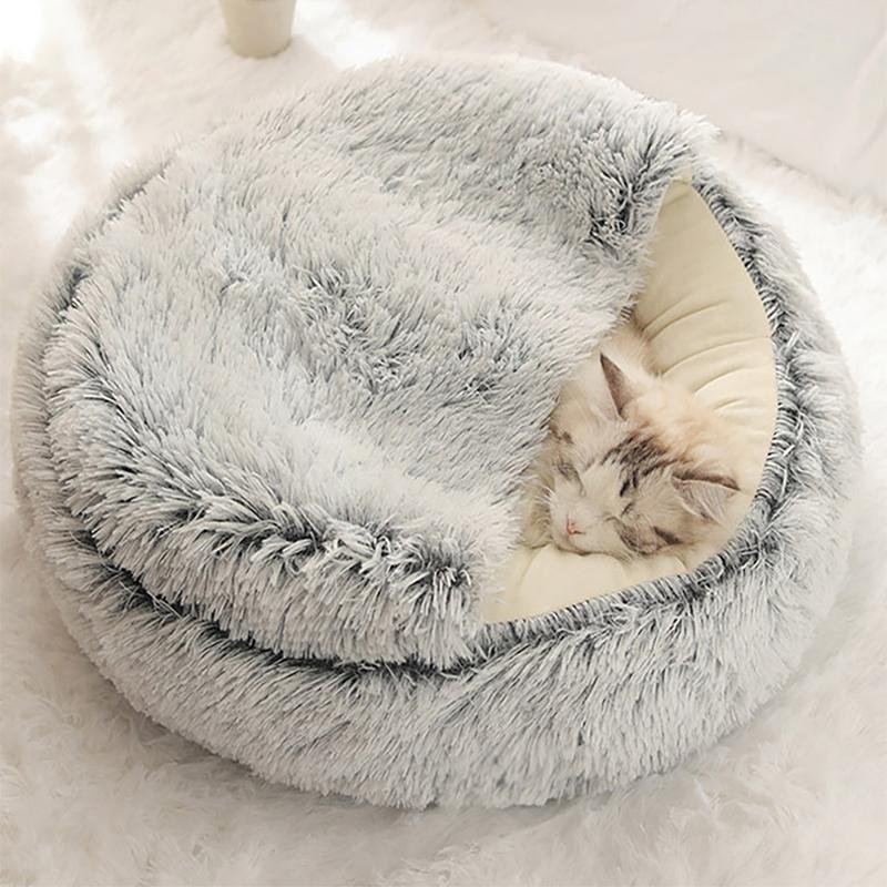 Plush Hooded Pet Bed Round Fluffy Soft Cat Bed Pet Cushion Warm Cat Dog 2 In 1 Sleeping Nest Cave for Small Dogs