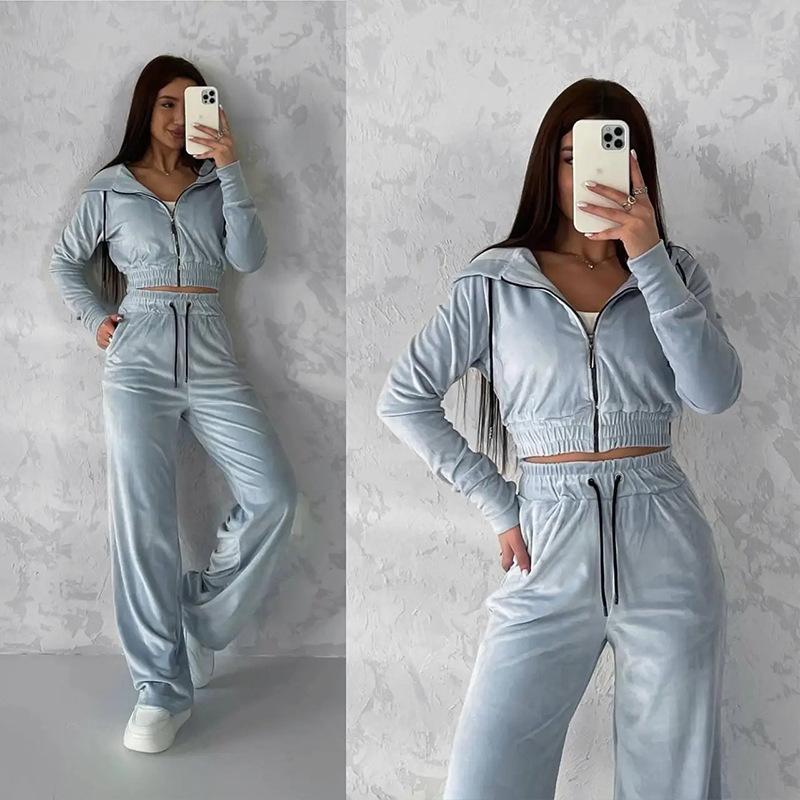 Europäischer und amerikanischer lässiger Damenanzug einfarbig langärmeliger Reißverschluss-Hoodie Schnürhose zweiteiliges Set