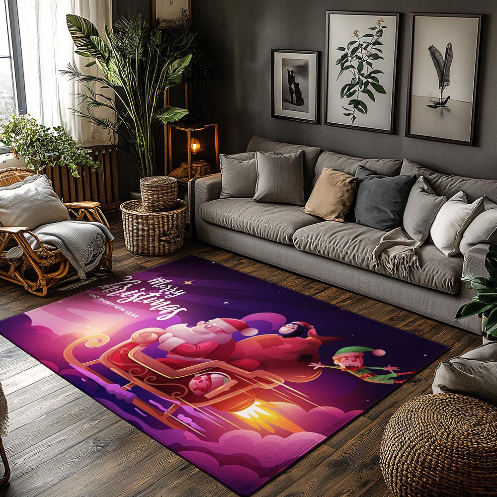 

Santa Rocket Sleigh Rug, Purple Christmas Carpet with Elves Design, Soft Non-Slip Mat for Festive Living Room Decor 50x80cm