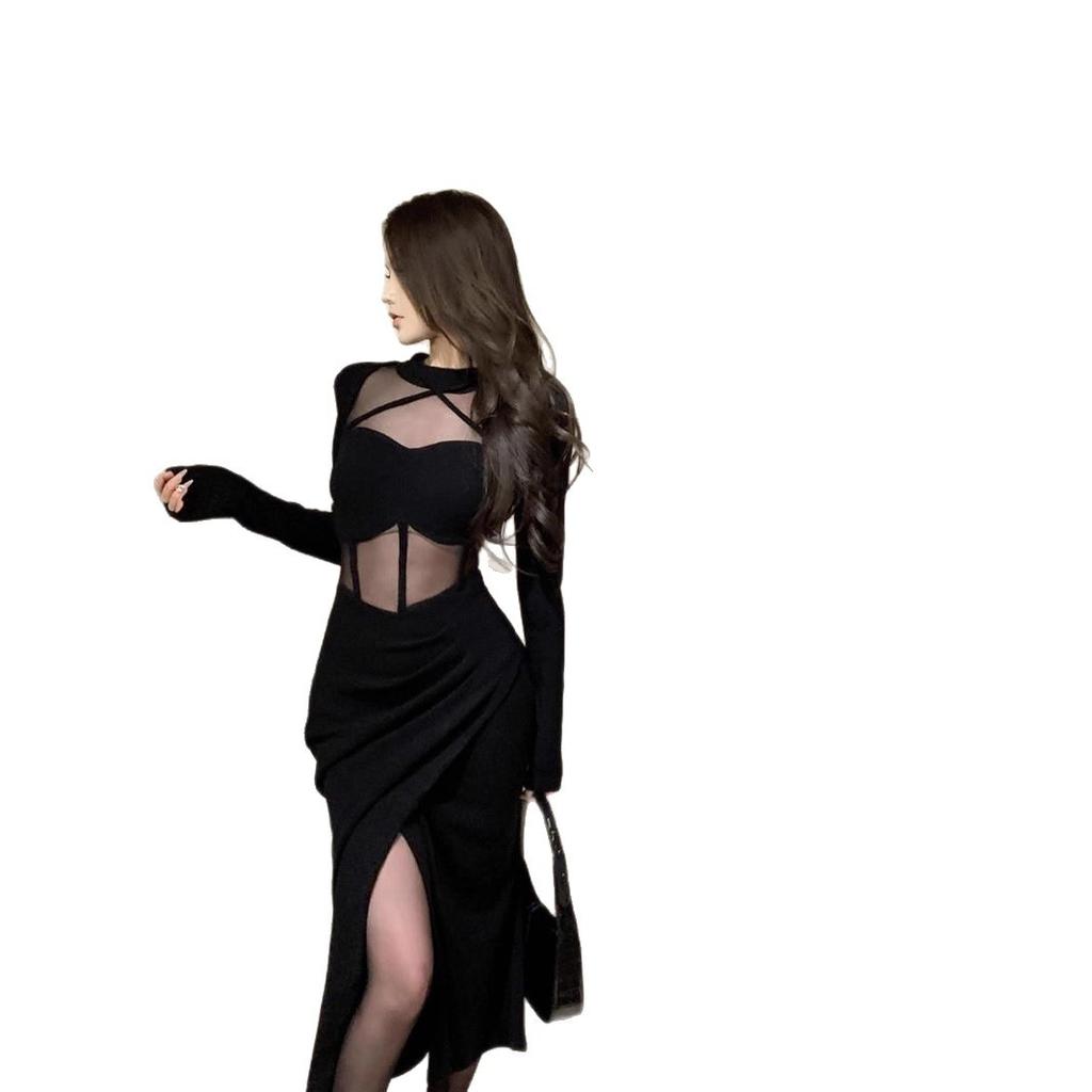Black mesh splicing hollow long-sleeved dress women's autumn new Spice Girl sexy tight and thin hip skirt