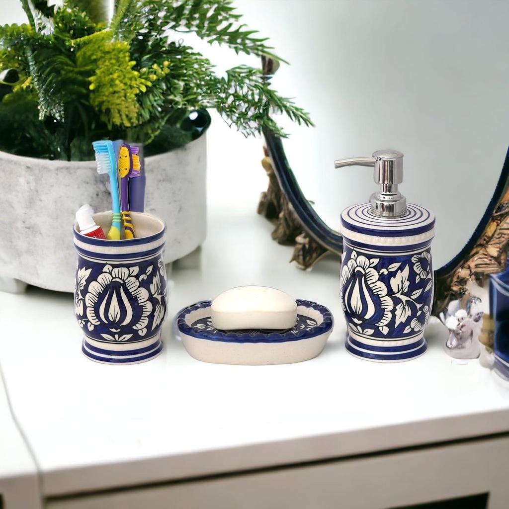 Premium Keramik Badezimmer-Accessoire-Set 3-teilig | Modernes handbemaltes Luxus-Badezimmer-Set mit 300 ml Seifenspender, Zahnbürstenhalter & Seifenschale |