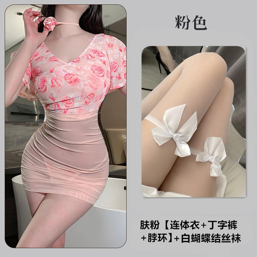 Sexy lingerie sexy perspective deep V floral rose gauze high waist hip skirt uniform 9