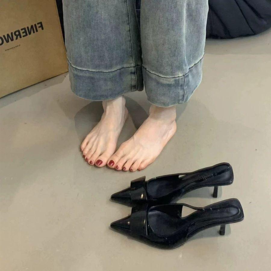 French Temperament Socialite Black High Heels Women's Shoes 2025 New Design Pointed Head Shallow Mouth Thin Heel Empty Sandals