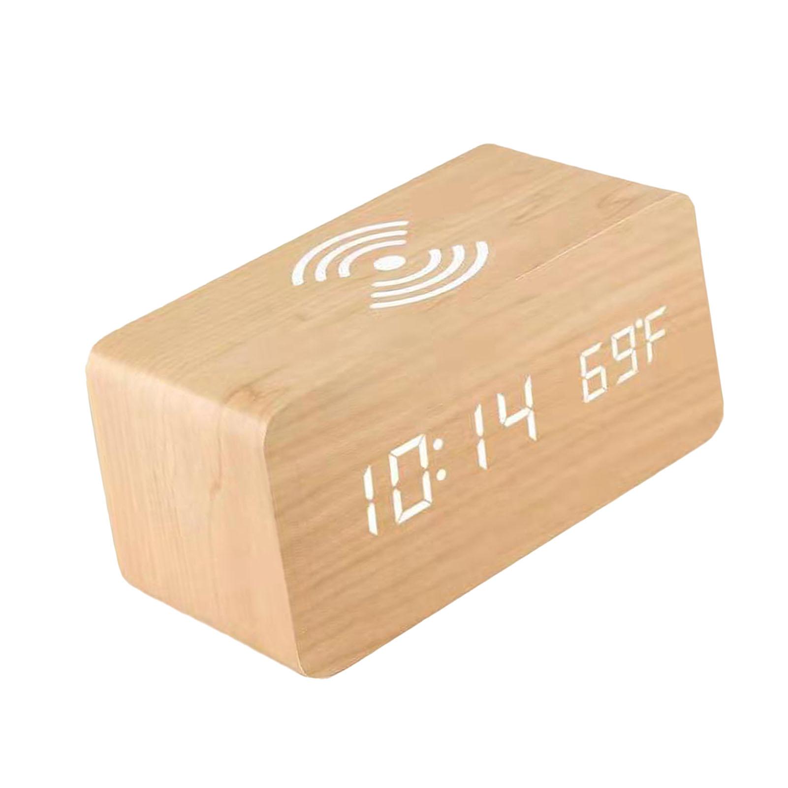 

Digital Wooden Alarm Clock Electronic LED Time Display for Bedroom 10W Wireless Charging 3 Alarm Settings Date&Temp жёлтый